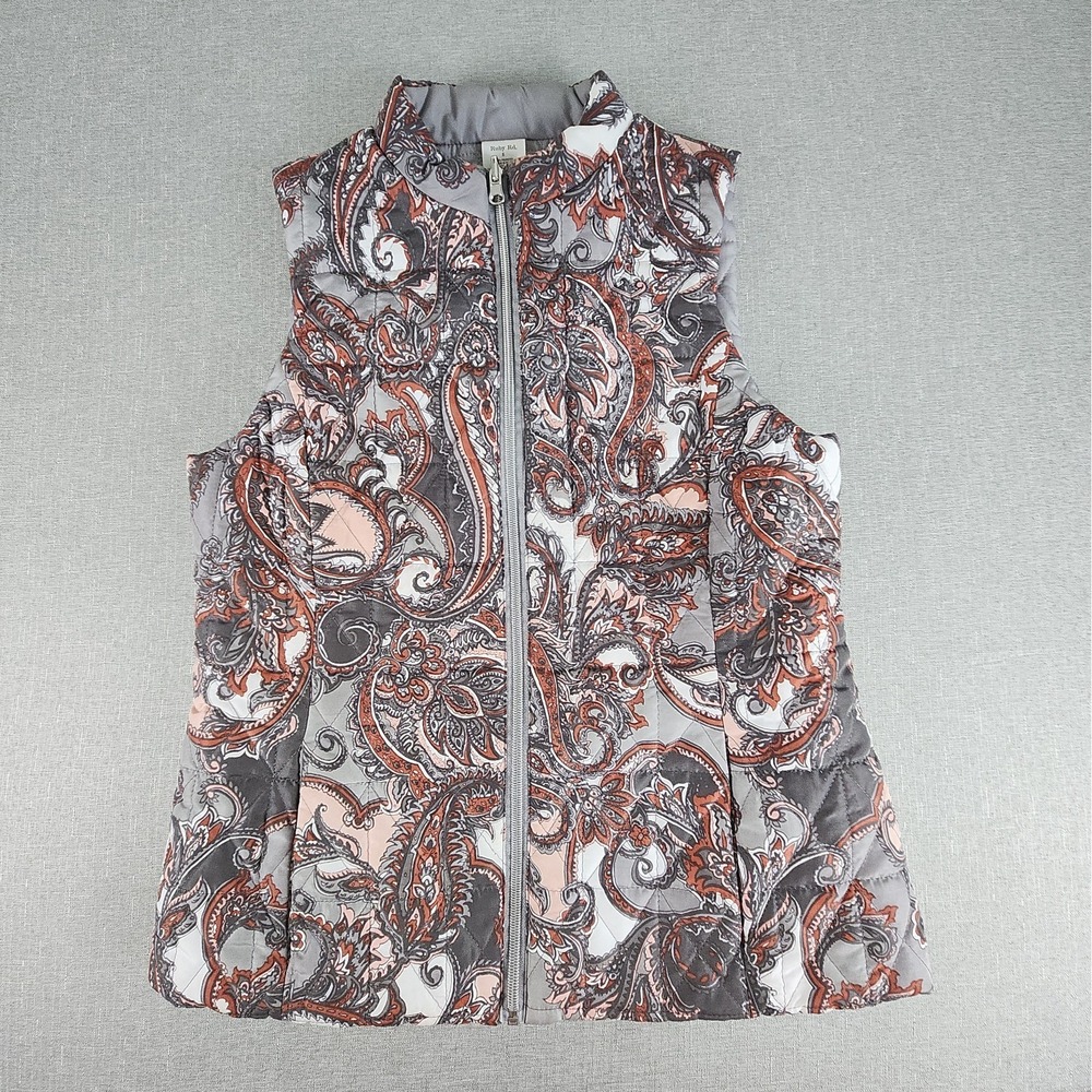 Ruby Rd. Womens Small Paisley Gray Multicolor Quilted Vest Pockets Full-Zip EUC